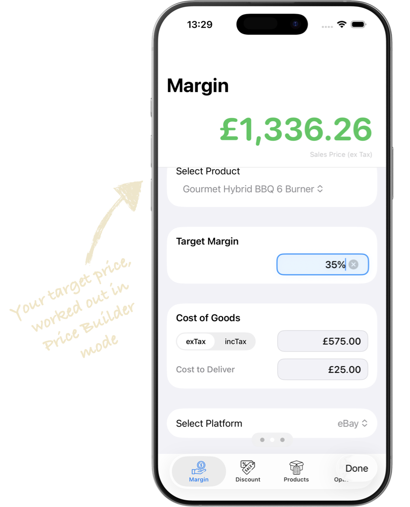 Seller Profit Calculator iPhone app showing Price Builder mode — sales price of £1,336.26 calculated from a 35% target margin, product cost and eBay platform fee