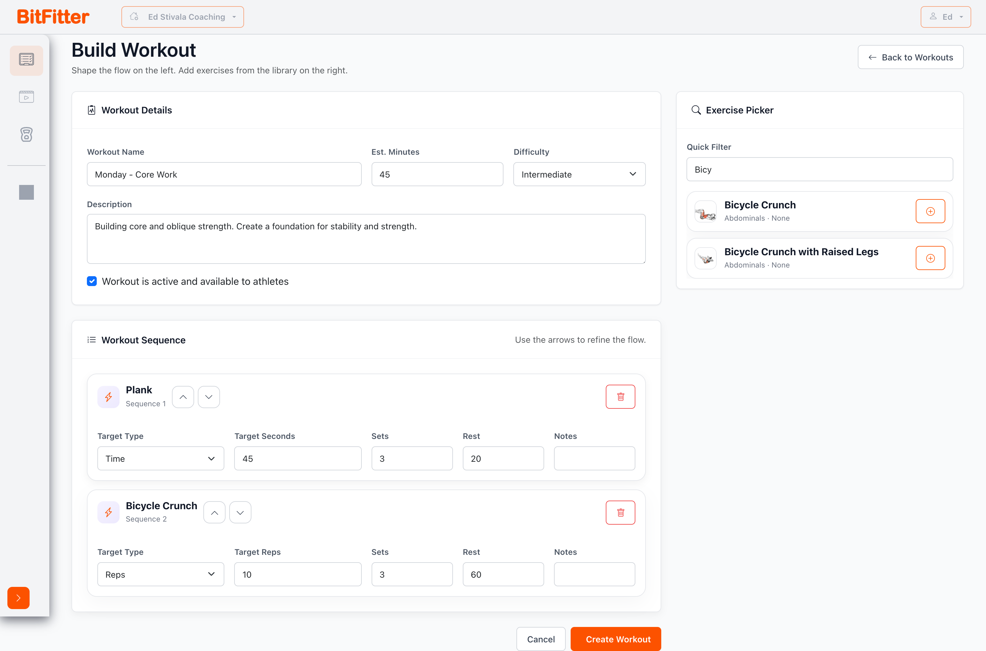 Bitfitter workout builder and coaching interface